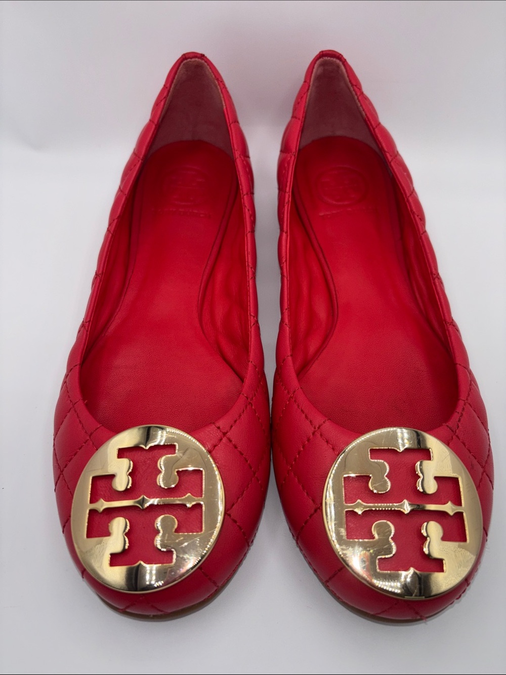 Tory Burch Red Quilted Leather Logo Round-Toe Flats